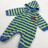 Lime Green & Blue Striped Velour Hoodie Romper - Boys 0-3 Months