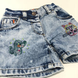 Tiger & Cactus Embroidered Light Blue Stonewashed Denim Shorts with Adjustable Waistband - Girls 18-24 Months