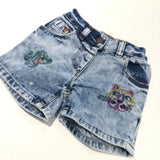 Tiger & Cactus Embroidered Light Blue Stonewashed Denim Shorts with Adjustable Waistband - Girls 18-24 Months