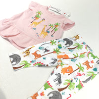 **NEW** Giraffes & Palm Trees Pink Tunic Top & Colourful Animals White Leggings Set - Girls 0-3 Months