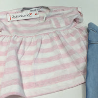 **NEW** Pink & White Striped Dress & Light Blue Denim Effect Jeggings Set - Girls 0-3 Months