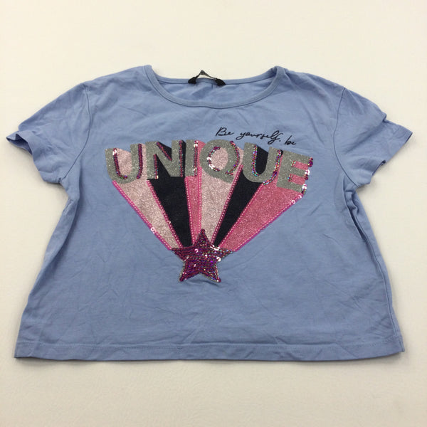 'Be Yourself, Be Unique' Glittery Blue & Pink Belly T-Shirt - Girls 8-9 Years