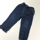 Hearts Embroidered Mid Blue Denim Effect Lined Cotton Trousers - Girls 9-12 Months