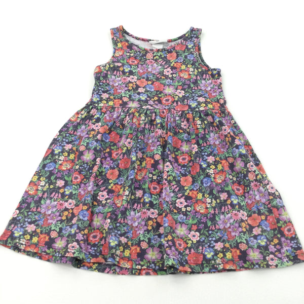 Colourful Flowers Dark Navy Lightweight Jersey Dress - Girls 4-6 Years