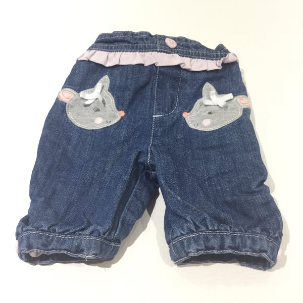 Deer Appliqued Mid Blue Denim Lined Jeans - Girls Newborn - Up To 1 Month