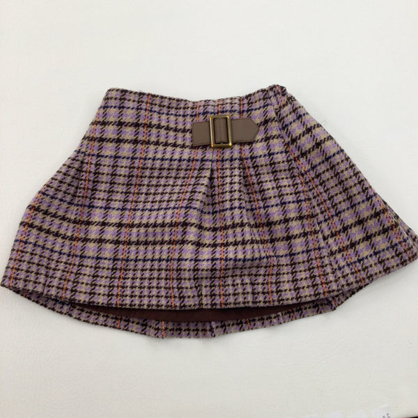 Brown & Lilac Checked Kilt Effect Skirt With Adjustable Waistband - Girls 2-3 Years