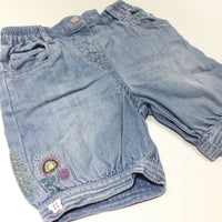 Flowers Embroidered Light Blue Denim Effect Cropped Trousers - Girls 6-9 Months
