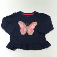 Glittery Butterfly Appliqued Navy Blue Long Sleeve Top with Frilly Hem - Girls 6-9 Months