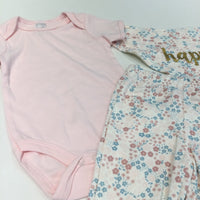 **NEW** ''Happy' Flowers Pink & Cream Short Sleeve Bodysuit, Jersey Trousers & Dribble Bib Set - Girls 3-6 Months