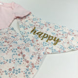 **NEW** ''Happy' Flowers Pink & Cream Short Sleeve Bodysuit, Jersey Trousers & Dribble Bib Set - Girls 3-6 Months
