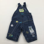 Bear & Dog Appliqued Dark Blue Denim Dungarees - Boys 3-6 Months