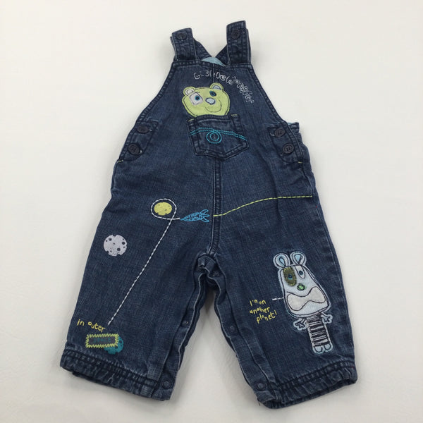 Bear & Dog Appliqued Dark Blue Denim Dungarees - Boys 3-6 Months