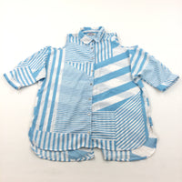 Blue & White Patterned Cold Shoulder Shirt Dress - Girls 9-10 Years