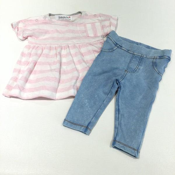 **NEW** Pink & White Striped Dress & Light Blue Denim Effect Jeggings Set - Girls 3-6 Months