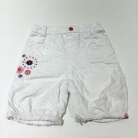 Flowers Embroidered White Cotton Cropped Trousers - Girls 6-9 Months