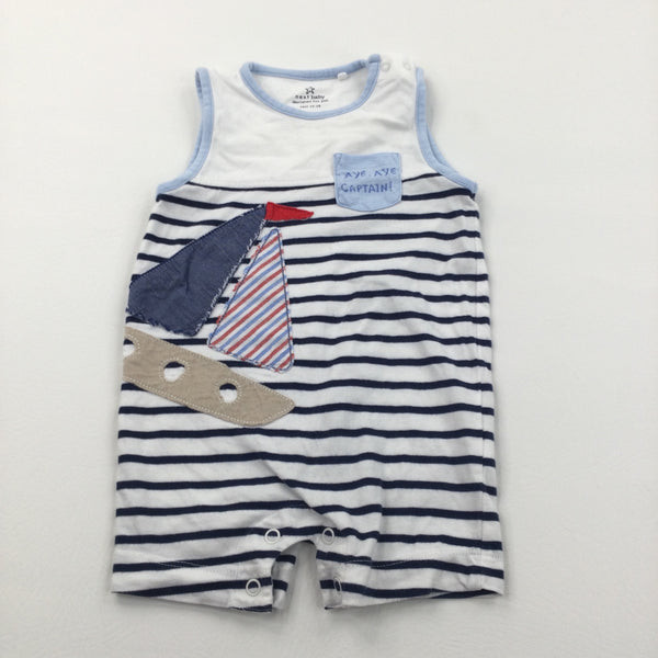 Sailing Boat Appliqued Navy & White Jersey Romper - Boys 3-6 Months