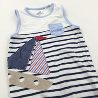 Sailing Boat Appliqued Navy & White Jersey Romper - Boys 3-6 Months