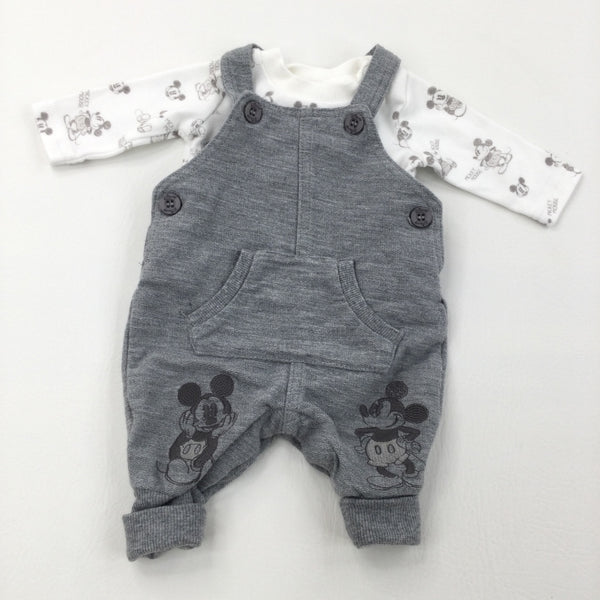 Mickey Mouse Grey Dungarees & White Long Sleeve Bodysuit - Boys Newborn