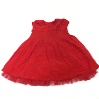 Embroidered Red Corduroy Party Dress with Net Underskirts - Girls 6-9 Months