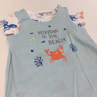 **NEW** 'Nipping To The Beach' Crab Blue Jersey Dungarees & Sea Creatures White Short Sleeve Bodysuit Set - Boys 3-6 Months