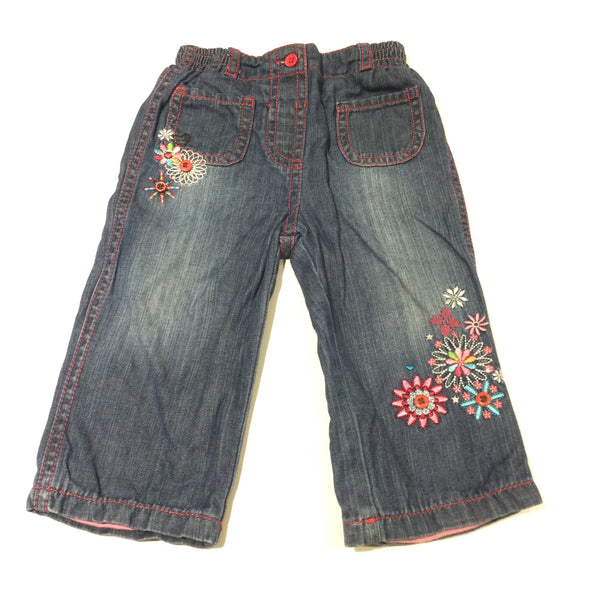 Flowers & Buttons Embroidered Dark Blue Lined Denim Jeans - Girls 6-9 Months