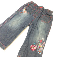 Flowers & Buttons Embroidered Dark Blue Lined Denim Jeans - Girls 6-9 Months