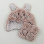 Bunny Fluffy Hat & Mitts Set - Girls 0-6 Months