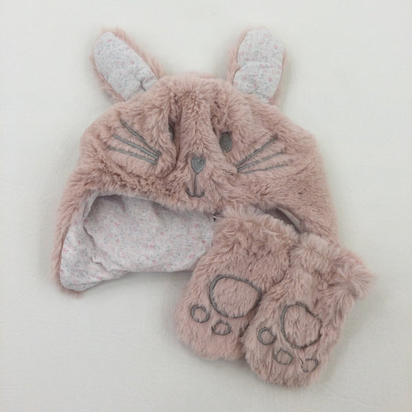 Bunny Fluffy Hat & Mitts Set - Girls 0-6 Months