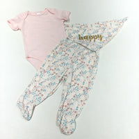 **NEW** ''Happy' Flowers Pink & Cream Short Sleeve Bodysuit, Jersey Trousers & Dribble Bib Set - Girls 6-9 Months