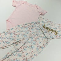 **NEW** ''Happy' Flowers Pink & Cream Short Sleeve Bodysuit, Jersey Trousers & Dribble Bib Set - Girls 6-9 Months