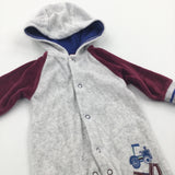 Tractor Embroidered Grey And Burgundy Velour Romper - Boys Newborn