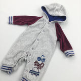 Tractor Embroidered Grey And Burgundy Velour Romper - Boys Newborn