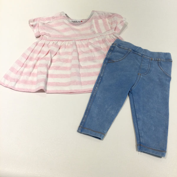 **NEW** Pink & White Striped Dress & Light Blue Denim Effect Jeggings Set - Girls 6-9 Months