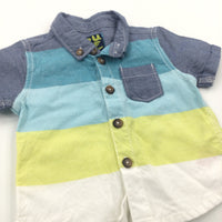 Blue Yellow & White Striped Short Sleeve Cotton Shirt - Boys Up To 1 Month