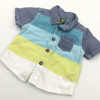 Blue Yellow & White Striped Short Sleeve Cotton Shirt - Boys Up To 1 Month
