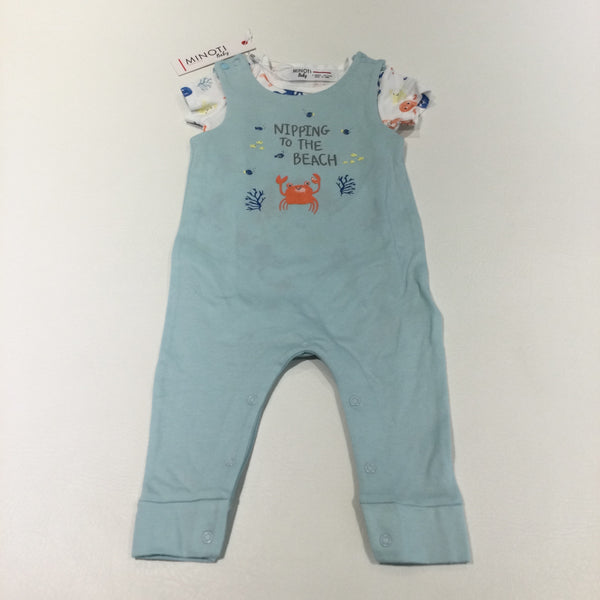 **NEW** 'Nipping To The Beach' Crab Blue Jersey Dungarees & Sea Creatures White Short Sleeve Bodysuit Set - Boys 6-9 Months