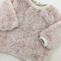 Fluffy Leopard Print Pink & White Jumper - Girls 3-6 Months