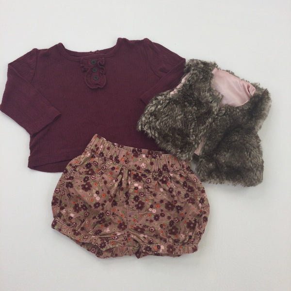 Burgundy Top, Brown Fluffy Gilet & Flowers Cord Shorts Set - Girls 3-6 Months