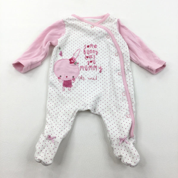 'Some Bunny Loves You Mummy…' Spotty Pink & White Babygrow with Integrated Mitts - Girls Newborn