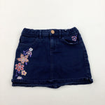 Flowers Embroidered Dark Blue Denim Skirt - Girls 8 Years