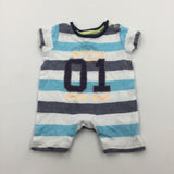 'Mummy's No 01 Little Man' Blue & White Striped Jersey Romper - Boys 0-3 Months