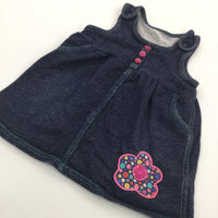 Flower Appliqued Dark Blue Denim Effect Cotton Dress - Girls Newborn
