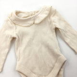 Ribbed Cream Long Sleeve Bodysuit with Collar - Girls Tiny Baby