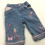 Castles & Fairies Embroidered Blue Denim Jeans - Girls Newborn