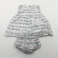 Colourful Flowery White Dress with Matching Nappy Pants  - Girls 0-3 Months