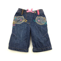 Cats Appliqued Dark Blue Lined Lightweight Denim Trousers - Girls 0-3 Months