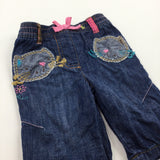 Cats Appliqued Dark Blue Lined Lightweight Denim Trousers - Girls 0-3 Months