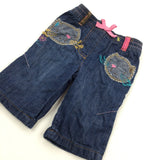 Cats Appliqued Dark Blue Lined Lightweight Denim Trousers - Girls 0-3 Months