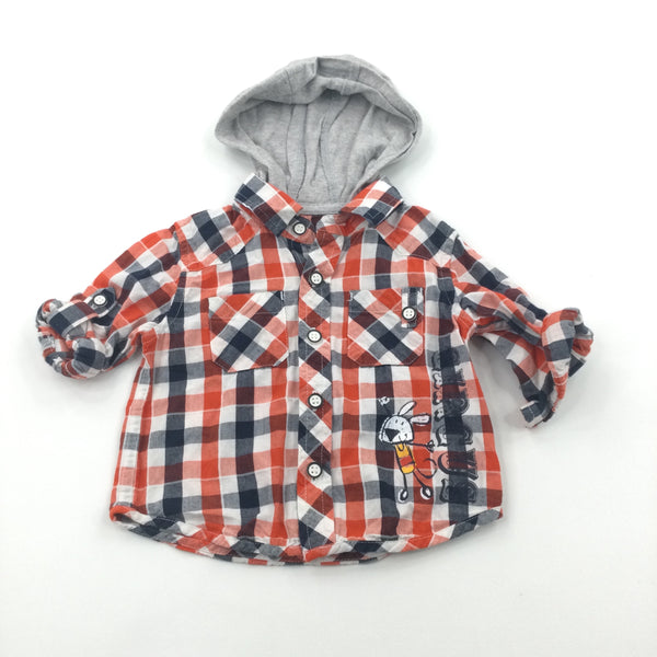 'Circus'Bunny Red Blue & White Checked Shirt with Attached Hood  - Boys 3-6 Months