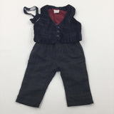 Navy Velour Lined Waistcoat with Dark Grey Checked Trousers & Matching Dickie Bow - Boys 3-6 Months